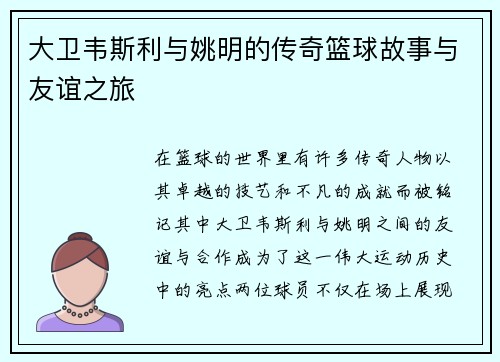 大卫韦斯利与姚明的传奇篮球故事与友谊之旅